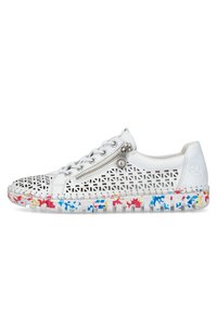 White perforated sneaker with a geometric cutout design, silver zipper detail, and colorful splatter-patterned outsole. Flat laces included.