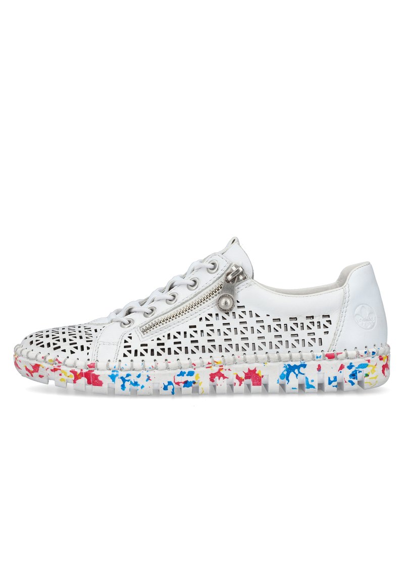White perforated sneaker with a geometric cutout design, silver zipper detail, and colorful splatter-patterned outsole. Flat laces included.