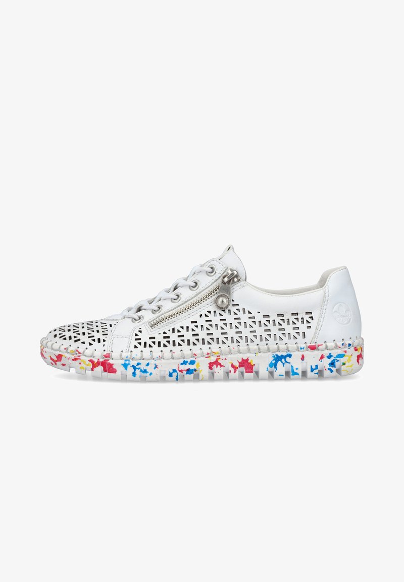 White perforated sneaker with a geometric cutout design, silver zipper detail, and colorful splatter-patterned outsole. Flat laces included.