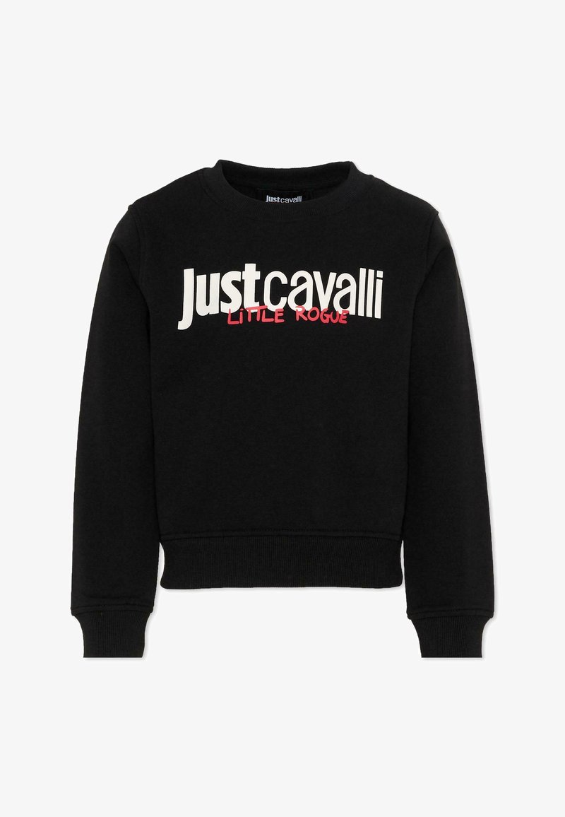Sweat-shirt noir à manches longues et col rond, avec le texte blanc "Just Cavalli" et rouge "Little Rogue" sur la poitrine, poignets et ourlet côtelés.