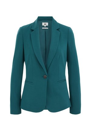 Zeleno-moder suknjič po meri z zarezami na ovratniku, enojno zapenjanje na gumb in dvema žepoma na straneh. Gladek material z oblikovano prileganjem.