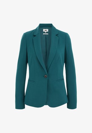 Zeleno-moder suknjič po meri z zarezami na ovratniku, enojno zapenjanje na gumb in dvema žepoma na straneh. Gladek material z oblikovano prileganjem.