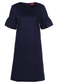 Vestido azul marino con escote redondo, mangas cortas con volantes y cremallera en la parte posterior. Hecho de una tela suave, presenta un diseño simple y sin adornos.