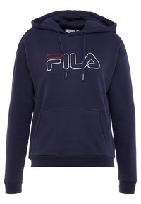 Felpa blu navy realizzata in tessuto morbido, con una spaziosa tasca frontale, cappuccio con coulisse e un logo FILA bianco e rosso sul petto.