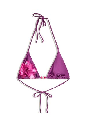 Lilla trekants-bikinitop med snorebinding ved hals og ryg, med pink og hvid tie-dye-detalje på venstre skål og små perler i midten.