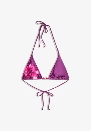 Lilla trekants-bikinitop med snorebinding ved hals og ryg, med pink og hvid tie-dye-detalje på venstre skål og små perler i midten.
