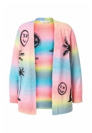 Pastel cardigan featuring a multicolored gradient, black palm tree and smiley face patterns, open front, and ribbed cuffs. Soft knit texture.