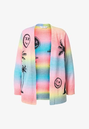Pastelový cardigan s mnohobarevným gradientem, vzory černých palem a usmívajících se tváří, otevřený vpředu a s žebrovanými manžetami. Měkká pletená textura.