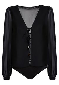 Blusa nera con maniche lunghe in tessuto trasparente, scollo a V con dettagli in pizzo e fondo body. Tessuto liscio con un design minimalista.