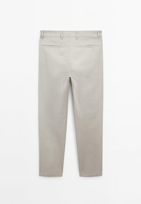 Light grey cotton trousers with a straight cut, featuring two back pockets and a clean finish. Smooth texture with no visible patterns.