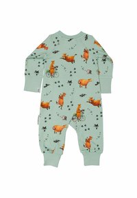 Ljusgrön body med illustrationer av kor och andra djur, med lekfulla mönster. Tillverkad av mjukt, elastiskt tyg.