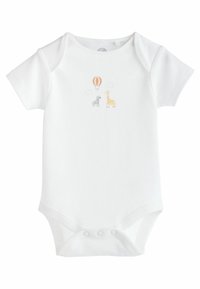 Krátký rukáv bílého body s patentním zapínáním, který má potisk s designem zebry, žirafy, horkovzdušného balónu a mráčků v jemných barvách.