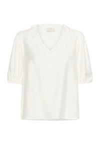 Blouse blanche en tissu léger, avec un décolleté en V froncé et de courtes manches bouffantes. Texture lisse avec une coupe décontractée.