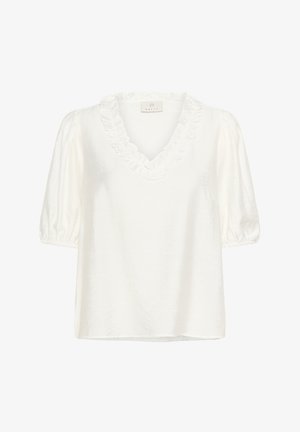 Witte blouse van lichte stof, met een rimpelend V-halslijn en korte pofmouwen. Soepele textuur met een relaxte pasvorm.