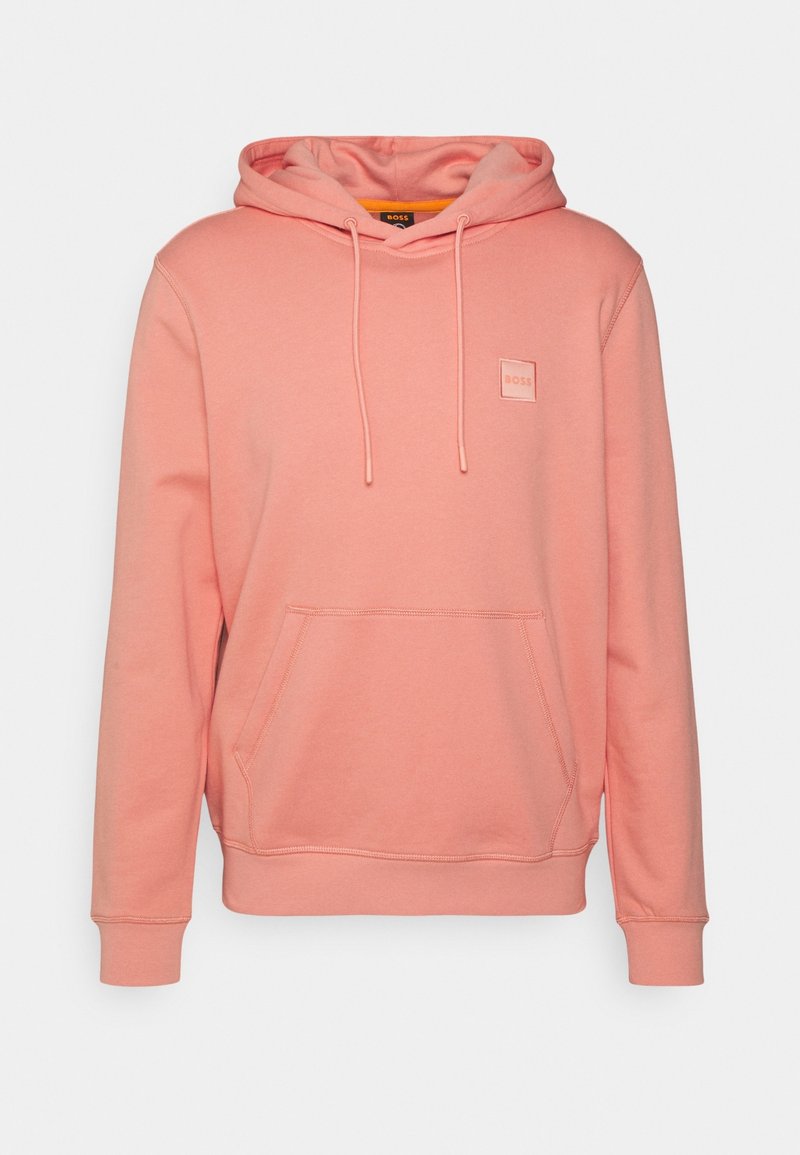 Sweat à capuche rose avec poche avant, cordons, poignets côtelés et un petit logo embossé sur la poitrine.