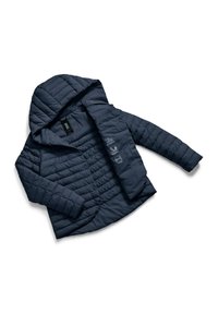 Giubbotto imbottito blu navy con cappuccio, texture trapuntata, bottoni a scatto e icone termiche distintive stampate sulla manica interna.