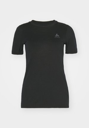 Black short-sleeve t-shirt made of soft fabric, featuring a round neck and a small logo on the left chest. Simple and fitted design.