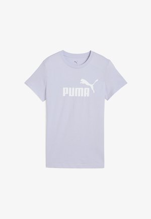 Jasnofioletowa bawełniana koszulka z krótkim rękawem, z białym logo "PUMA" i motywem skaczącego kota z przodu. Okrągły dekolt.