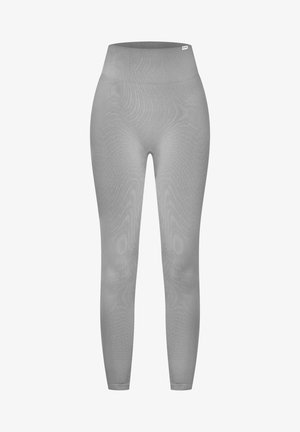 Szare legginsy z wysokim stanem, prążkowaną teksturą i dopasowanym krojem. Wykonane z elastycznego materiału, mają gładkie, bezszwowe wykończenie.