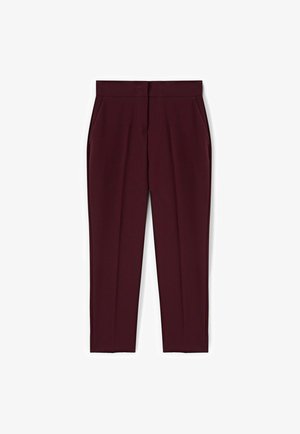 Burgundy trousers with a tailored design, featuring side pockets, a smooth texture, and a flat front with creases down the legs.