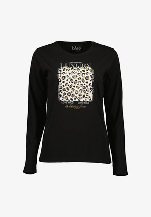 Schwarz langärmliges T-Shirt mit Leopardenmuster und goldenen Akzenten in rechteckigem Design. Der Text lautet "LOVE WILD" und "ist frei sein."