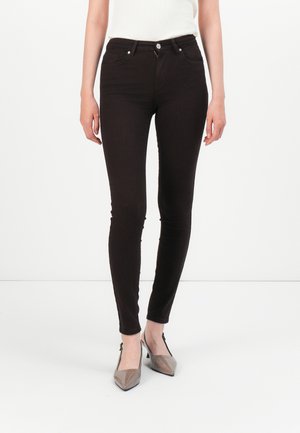 Zwarte skinny jeans van rekbare denim, met een sluiting met knoop en rits aan de voorkant, voorzien van standaardzakken aan de voor- en achterkant.