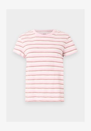 T-shirt à manches courtes rose et blanche avec de fines rayures horizontales marron, encolure ronde et coupe décontractée.