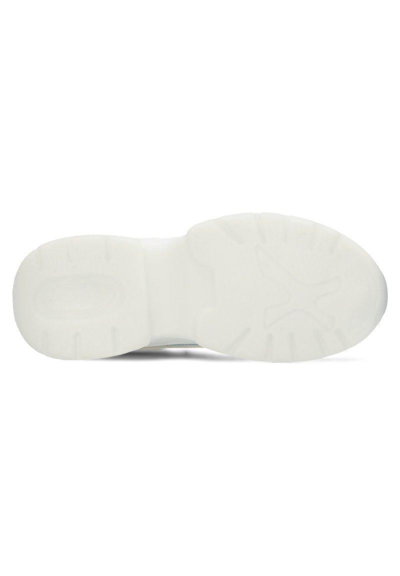 Witte sneakersole met een gemêleerd oppervlak, met duidelijke profielpatronen en groeven voor grip. Glad rubbermateriaal met een ronde vorm.