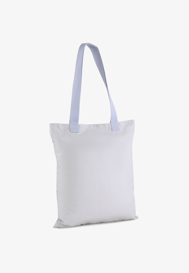 Sac en toile gris clair avec des poignées bleu clair, de forme rectangulaire, finition texturée et renfort au niveau des attaches des poignées.