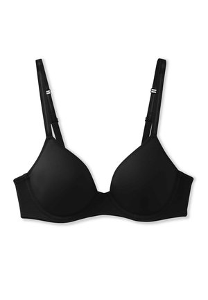 Schwarzer Push-up-BH aus glattem Stoff, mit geformten Cups und verstellbaren Trägern. Verfügt über einen geschlossenen Rücken und ein minimalistisches Design.