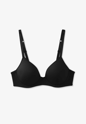 Schwarzer Push-up-BH aus glattem Stoff, mit geformten Cups und verstellbaren Trägern. Verfügt über einen geschlossenen Rücken und ein minimalistisches Design.