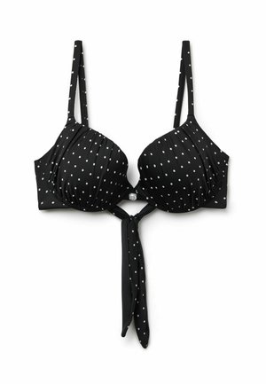 Haut de bikini noir à pois blancs, bonnets rembourrés, bretelles réglables et nœud noué à l'avant qui pend sous la fermeture.