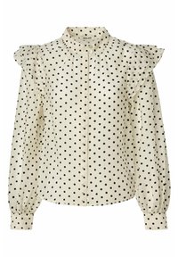 Blusa blanca con lunares negros, cuello alto y mangas fruncidas. Con botones en la parte delantera, mangas largas con puños y una textura suave.