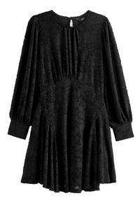 Mustlain Kleid pikkade puhvärvitud varrukatega, tekstuurse lillemustriga, ümarale kaelusele ja elastse vöökohtaga flared seeliku poole.