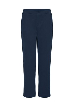 Navy blue trousers with a straight-leg design, elastic waistband, front pockets, and single button closure. Smooth, lightweight fabric.