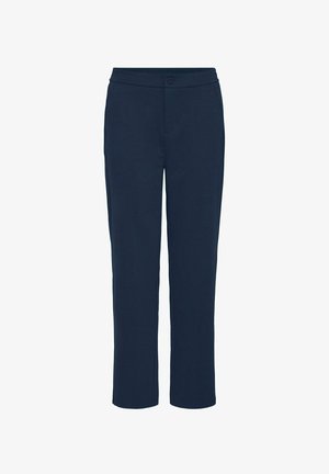 Pantaloni blu navy con design a gamba dritta, vita elasticizzata, tasche frontali e chiusura a un bottone. Tessuto liscio e leggero.