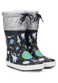 Rubber rain boots featuring a dark space-themed design with planets, rockets, and astronauts. Quilted silver top with navy laces. White sole.