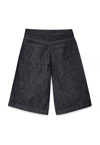 Tumed denim culottes laia jala kujundusega, kahe tagatasku ja vastandvärvi õmblustega. Tekstuur on sile ja kerge sädelusega.