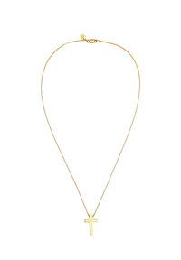 Gold-colored chain necklace featuring a simple, polished cross pendant. The chain has a delicate, smooth texture and a secure clasp.