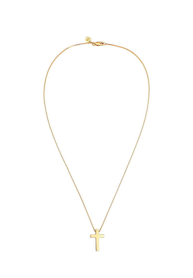 Gold-colored chain necklace featuring a simple, polished cross pendant. The chain has a delicate, smooth texture and a secure clasp.