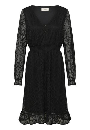 Must valge pitskleit geomeetrilise mustriga, V-kaelus, nööpide ees, elastne vöökoht ja volangidega äär.