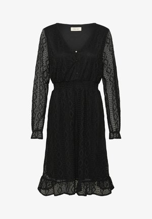 Must valge pitskleit geomeetrilise mustriga, V-kaelus, nööpide ees, elastne vöökoht ja volangidega äär.