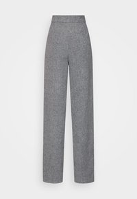 Grijze hoge taillebroek van textiel met een wijde pijp. Kenmerkt zich door strakke lijnen en een gladde tailleband.