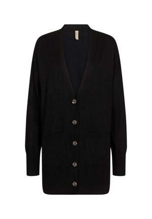 Cardigan noir en tissu doux, avec un col en V, des manches longues, un devant à boutons, deux poches avant et des poignets côtelés.