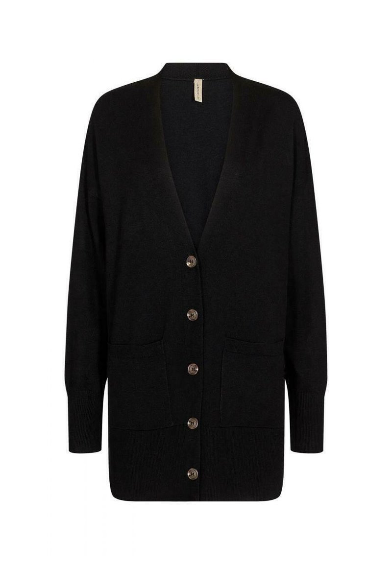 Cardigan noir en tissu doux, avec un col en V, des manches longues, un devant à boutons, deux poches avant et des poignets côtelés.
