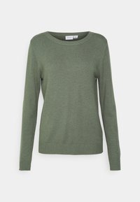 Grön stickad tröja med långa ärmar, rundad halsringning, ribbad nederkant och en mjuk textur. Enkelt design utan mönster eller dekorationer.