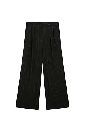 Pantalons larges noirs avec des rayures verticales, fabriqués en tissu léger, comportant une fermeture par bouton et un design plissé à l'avant.