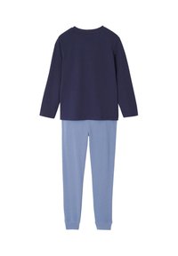 Long-sleeve navy blue top and light blue fitted pants pajama set displayed flat on white background.