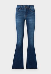 Flared kavbojke iz temno modrega denima. Imajo dvonamensko zapiranje, pet žepov in detajle bledenja na nogah. Standardna oblika pasu.