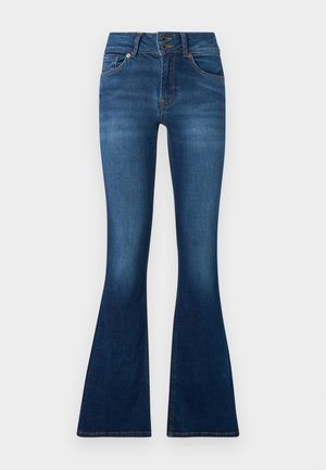 Helle Jeans aus dunkelblauem Denim. Verfügt über einen Zwei-Knopf-Verschluss, fünf Taschen und verblasste Details an den Beinen. Standardmäßiger Taillendesign.